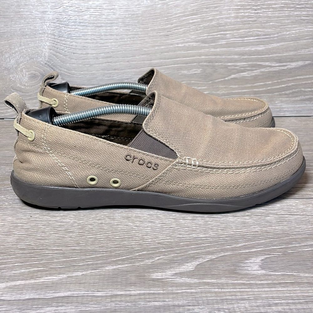 Crocs Wallu Mens Size 12 Khaki Espresso 11270 Canvas Slip On Comfort Loafers